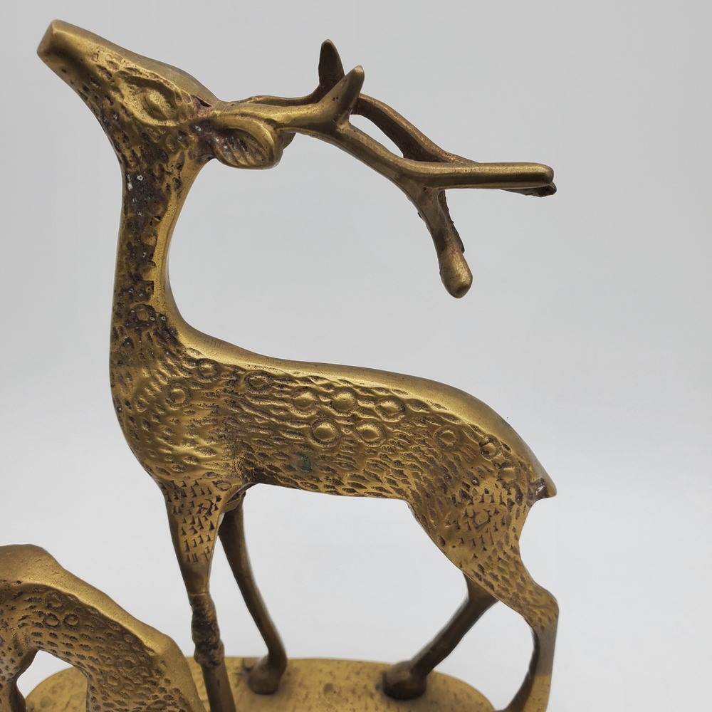 Solid Brass Deer Figurine Doe & Fawn Sculptural Animal Statue Vintage Textured - Picture 3 of 8